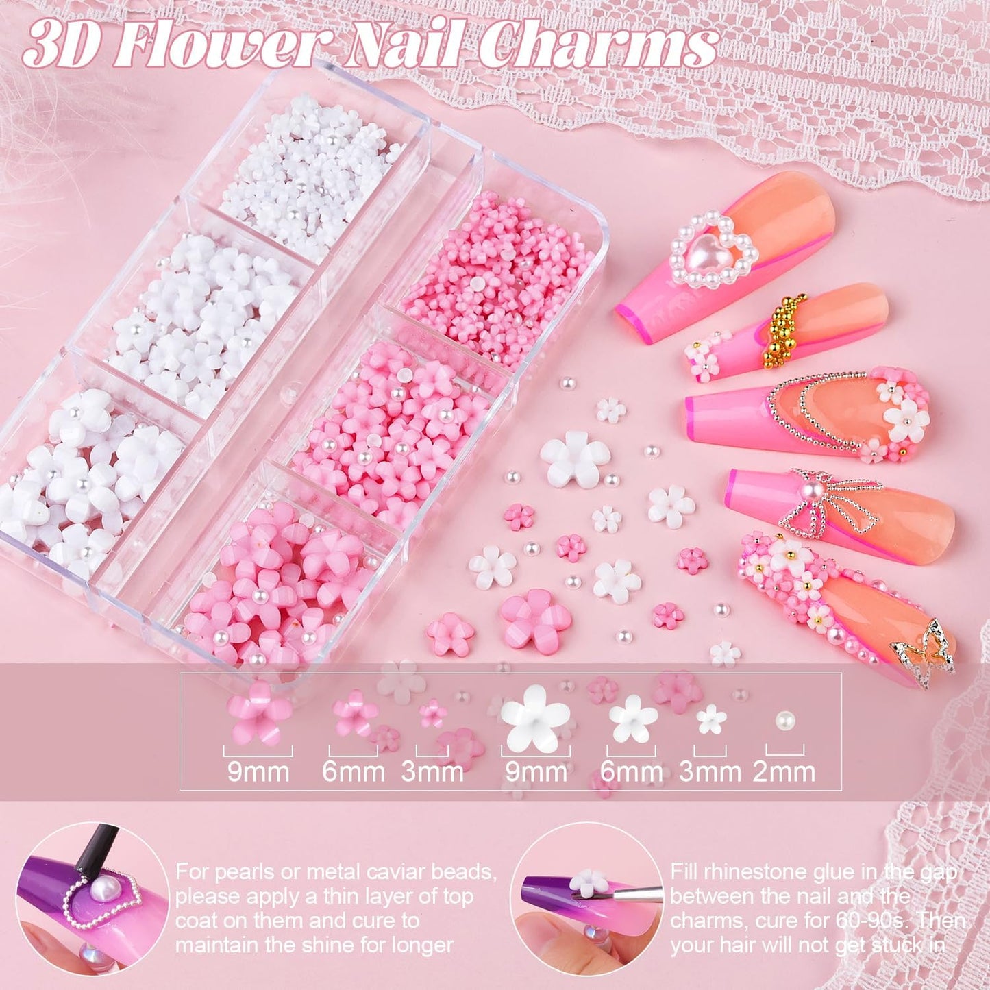 Metal Nail Beads (Silver+Gold), 3D Flowers With Rhinestones, Glue Gel for Art, Half Flatback Pearls (White), Blossom Pearl Charms and Round Caviar Beads for Manicure Decor
