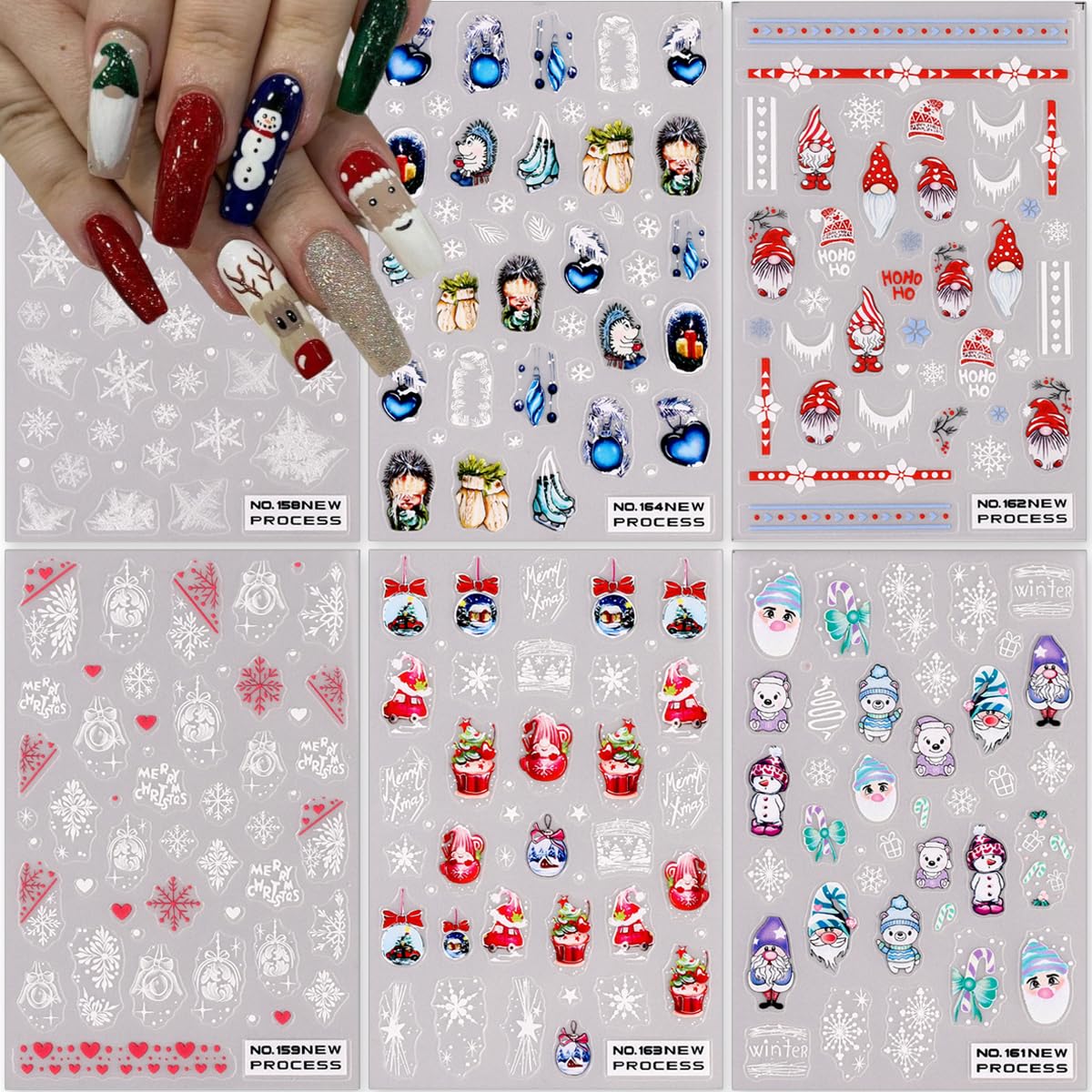6Sheets Christmas Nail Art Stickers Self-Adhesive Winter Nail Supplies 3D Snowflake Nail Stickers for Nail Art Design Charms Cute Snowman Santa Claus Nail Decals for Women Xmas New Year Manicure Decor