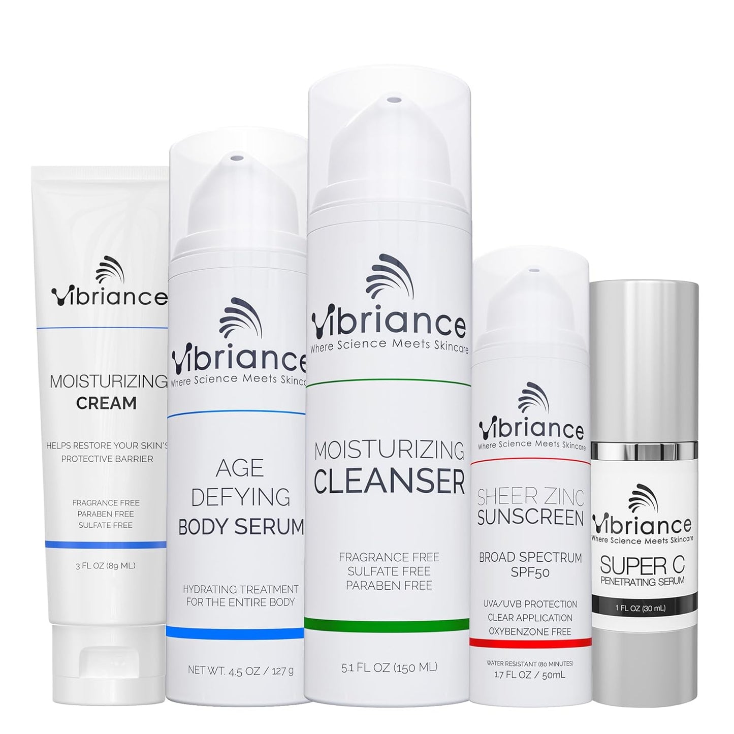 Vibriance Premium Skincare Bundle | Super C All-in-One Serum, Face Cleanser, Moisturizing Cream, Sheer Zinc Sunscreen SPF 50, Age Defying Body Creme - Heal, Hydrate, Protect, Rejuvenate
