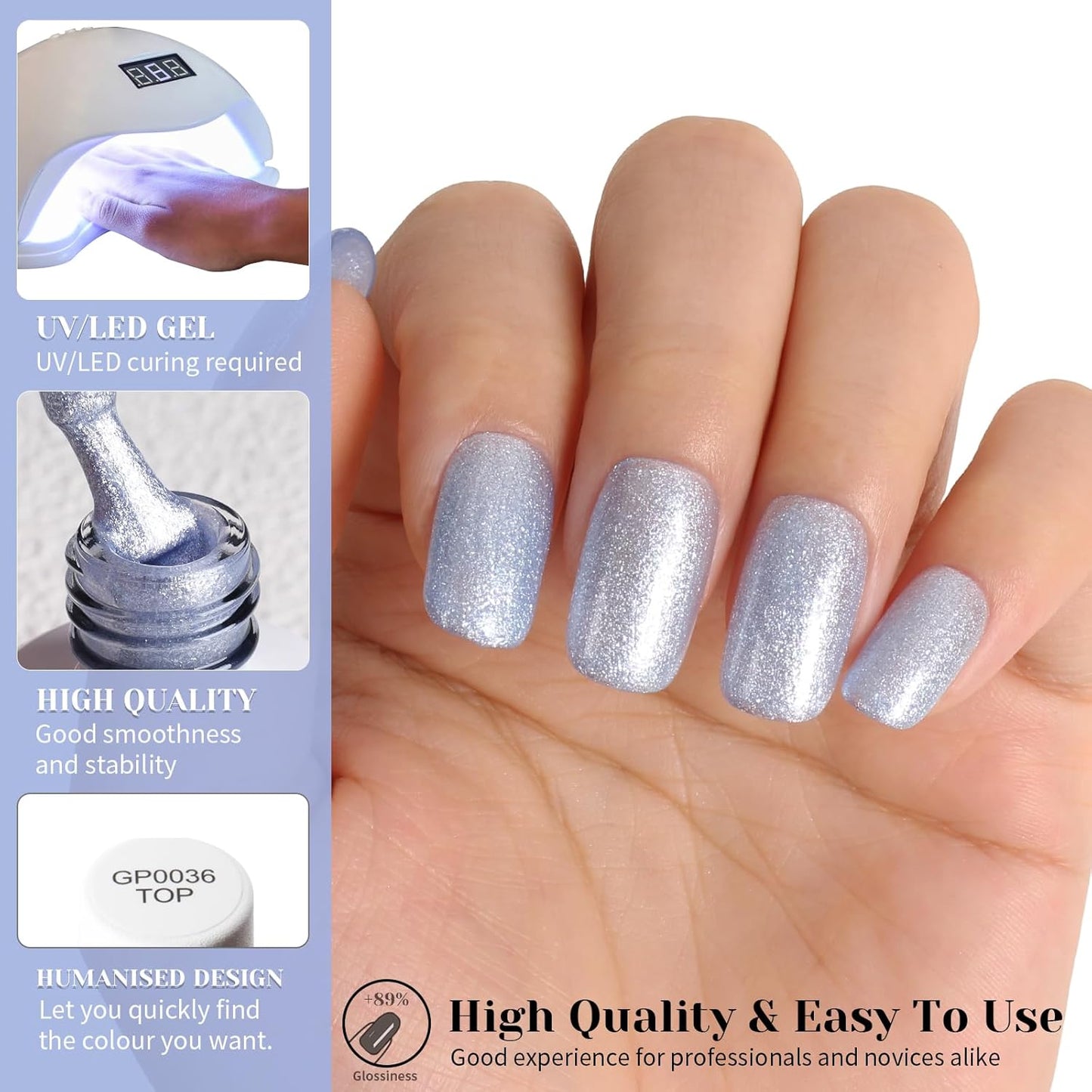 Grey Blue Metallic Glitter Gel Polish, 15ml UV/LED Soak Off Gel Nail Polish for Manicure Salon or DIY Nail Art at Home,Women Girls Gifts - GP0096