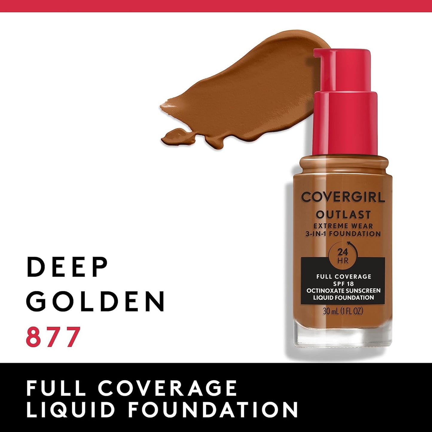 Covergirl Outlast Extreme Wear 3-in-1 Full Coverage Liquid Foundation, SPF 18 Sunscreen, Deep Golden, 1 Fl. Oz.