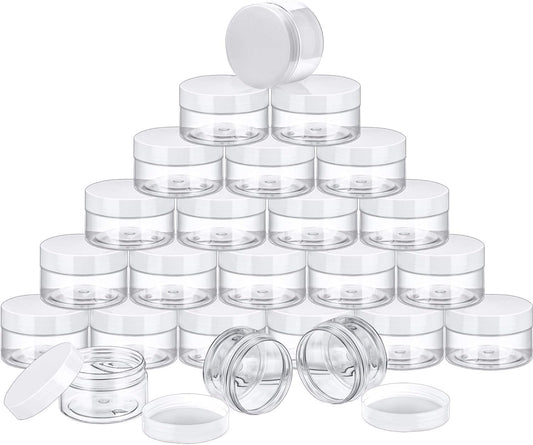 SATINIOR 24 Pieces Empty Clear Plastic Jars with Lids Round Storage Containers Wide-Mouth for Beauty Product Cosmetic Cream Lotion Liquid Butter Craft and Food (White Lid, 4 oz)