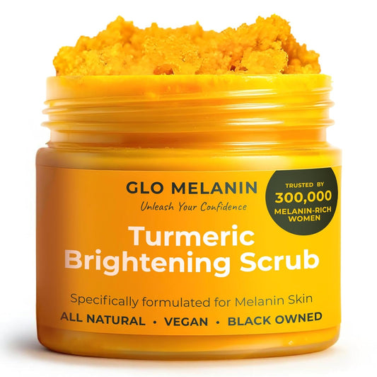 GLO Melanin Turmeric Scrub for Dark Spots, Brightening Inner Thighs Bikini Area Underarms, Natural Exfoliating Face | alldaygood beauty