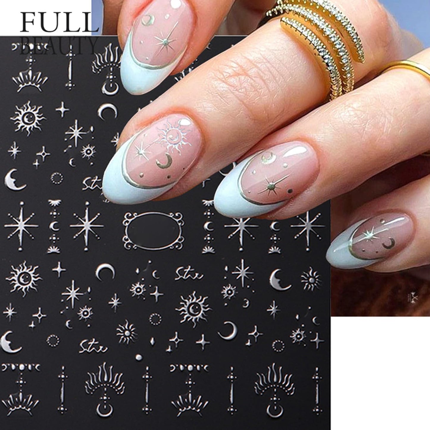 Metallic Silver Nail Art Stickers 3D Self-Adhesive Nails Stickers Bohemian Sun Moon Hexagram Butterfly Heart French Tip Decal Supplies Women DIY Silver Metal Nail Art Decoration 4Sheets