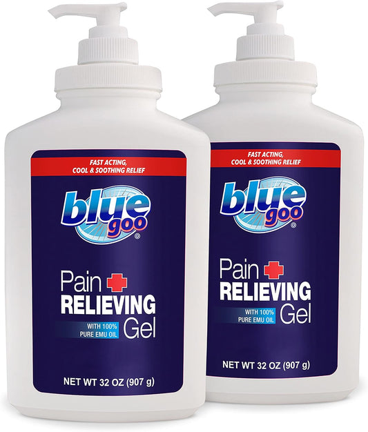 Blue Goo Pain Relieving Gel – for Back/Neck, Muscle/Stiff Joints Pain, Sprains, Strains, Fast-Acting, Cooling+Soothing Relief, Made w/ 100% Pure Emu Oil, 32 oz (2 Pack)