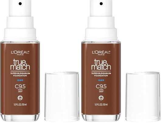 L'Oréal Paris True Match Super-Blendable Foundation, Medium Coverage Liquid Foundation Makeup with SPF 17, C9.5, Deep, 1 Fl Oz (Pack of 2) | alldaygood beauty