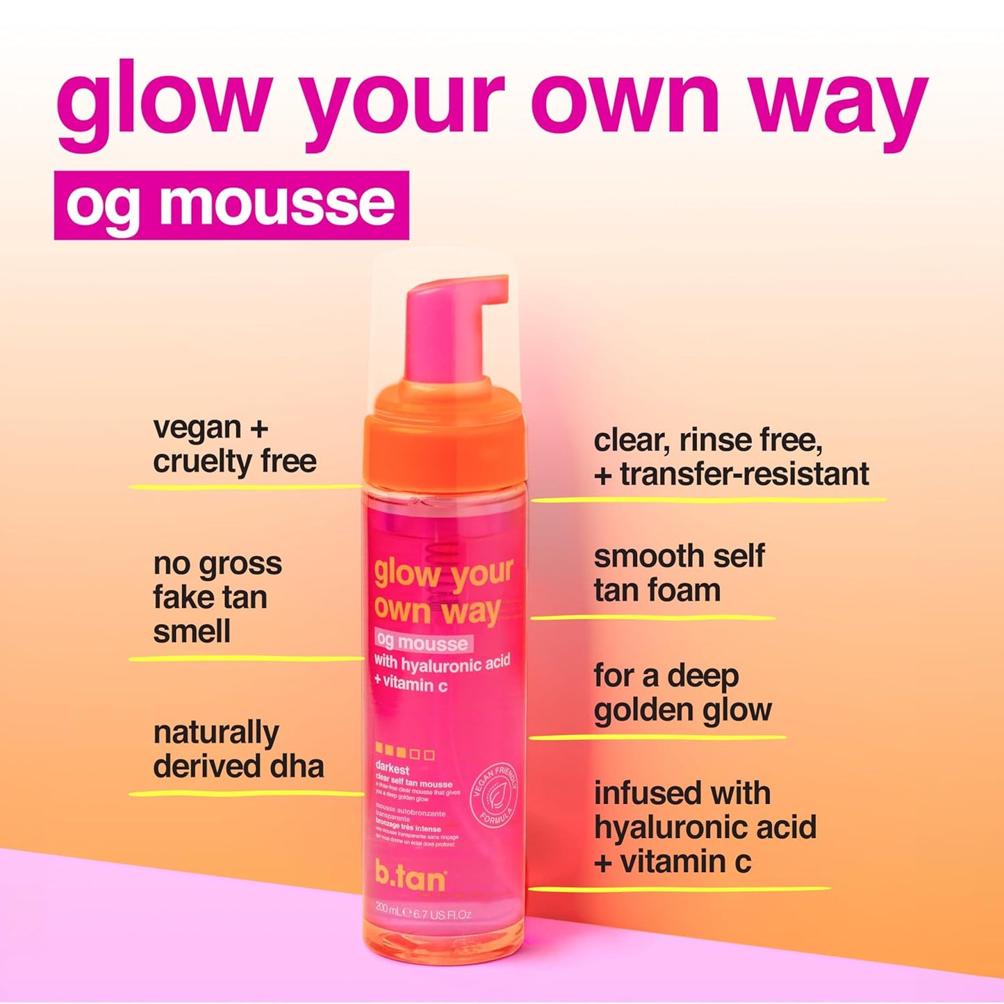 b.tan Clear Self Tanner Foam | Glow Your Own Way - Rinse Free, Best 1 Hour Express Sunless Tanning Water Mousse, Dark, No Transfer, Moisturizing, Face & Body, No Fake Tan Smell, 6.7 Fl oz