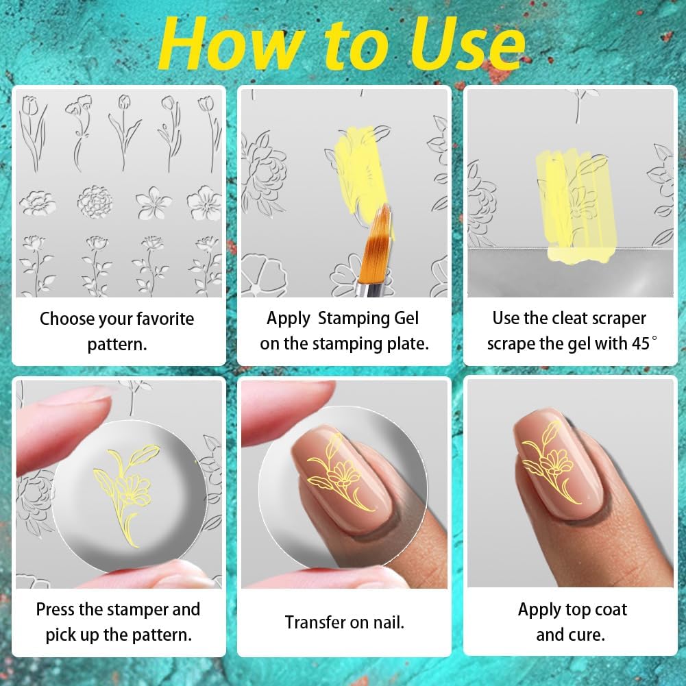 3Pcs Flower Nail Stamping Plate Set Tulips Roses Stainless Floral Steel Nail Stamp Templates Clear Silicone Nails Stamping with Stamper Scraper for Manicure Printing