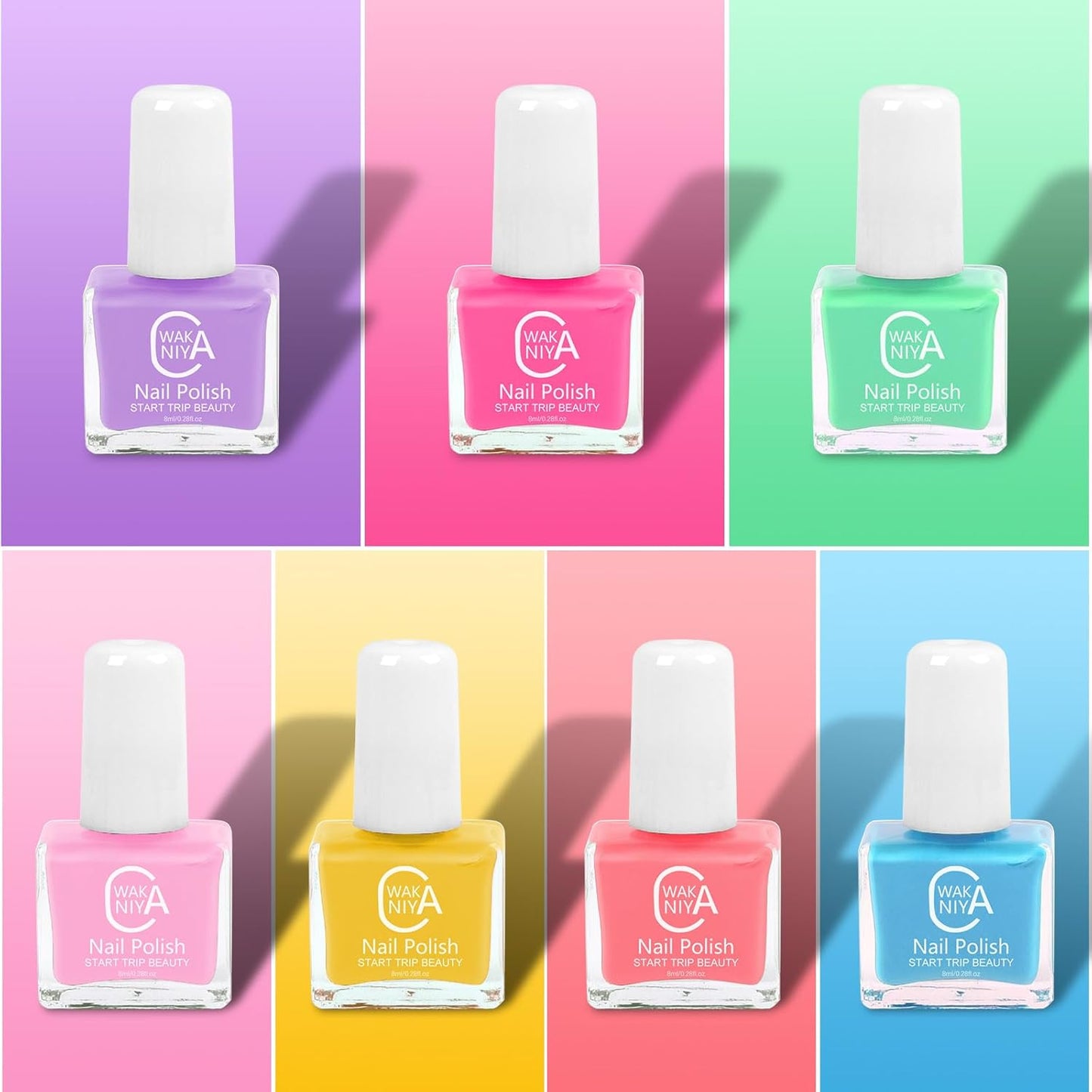 wakaniya Kids Non Toxic Nail Polish Set for Girls with Gems Nail Stickers, 7 Color Peel-Off Low Odor Nail Polish for Toddler