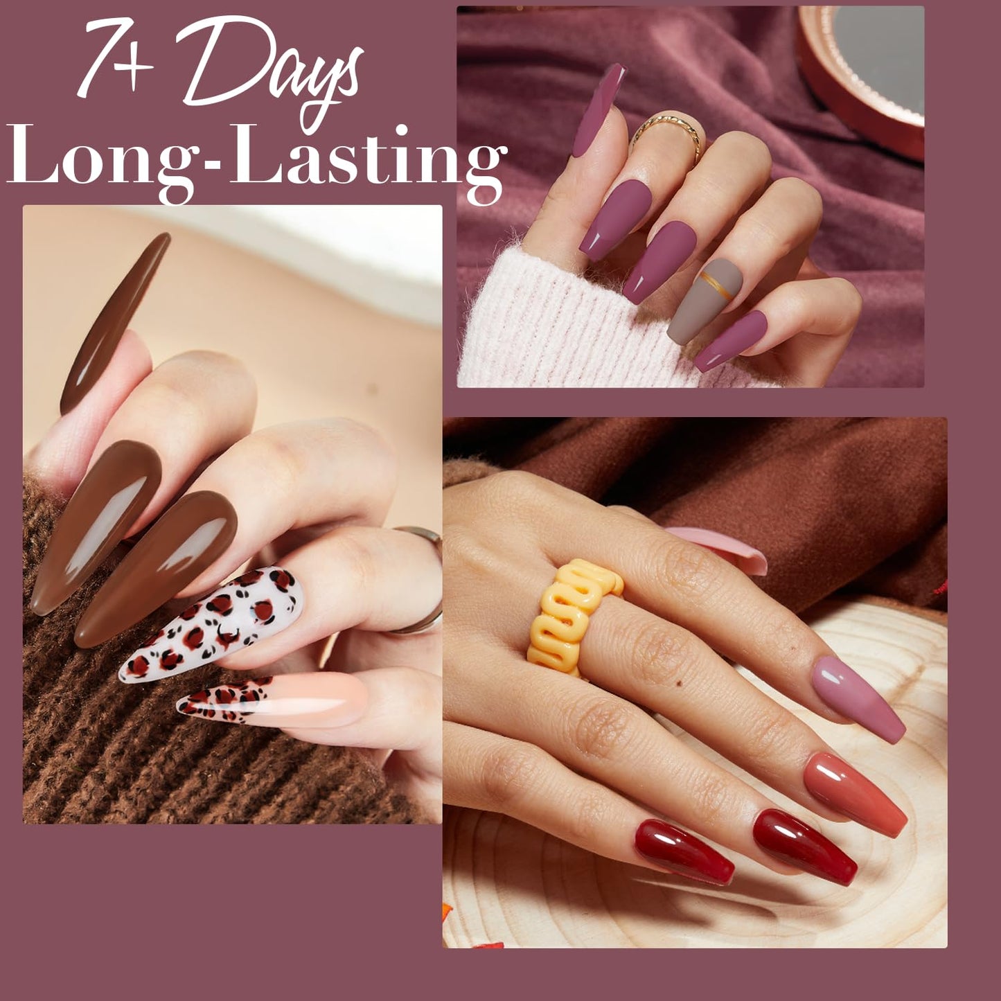 AZUREBEAUTY Nail Polish Set, 4 Colors Rose Red Purple Glitter Quick Dry Natural Nail Lacquer Strengthening Treatment Kit with Top Coat DIY Salon at Home