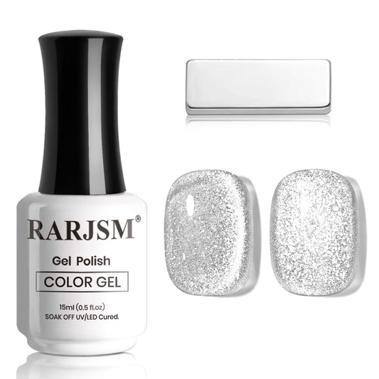 RARJSM Silver Cat Eye Gel Nail Polish with Magnet Stick Reflective Sparkle Translucent Clear White Glitter Cateye Gel Polish 15ml Single Bottle UV LED Curing Requires Soak Off for Home Salon | alldaygood beauty