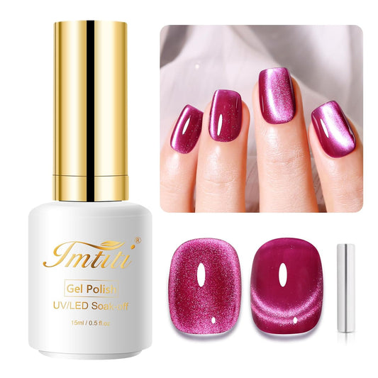 Imtiti Cat Eye Gel Nail Polish, 15ml Rose Red Holographic Crystal Diamond Cat Eyes Glitter UV Soak Off Gel Nail Polish with Magnetic Stick for Nail Art 1Pcs | alldaygood beauty