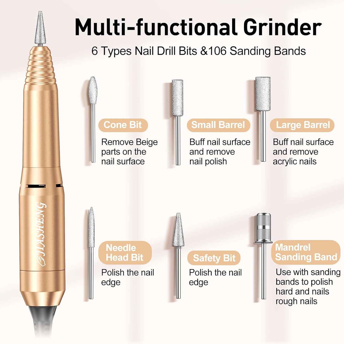 Jiasheng Professional Nail Drill, 20000rpm Electric Nail Drill Machine, Electronic Nail File Drills for Acrylic Nails Gel Nails Manicure Pedicure Tools for Salon Use Gold