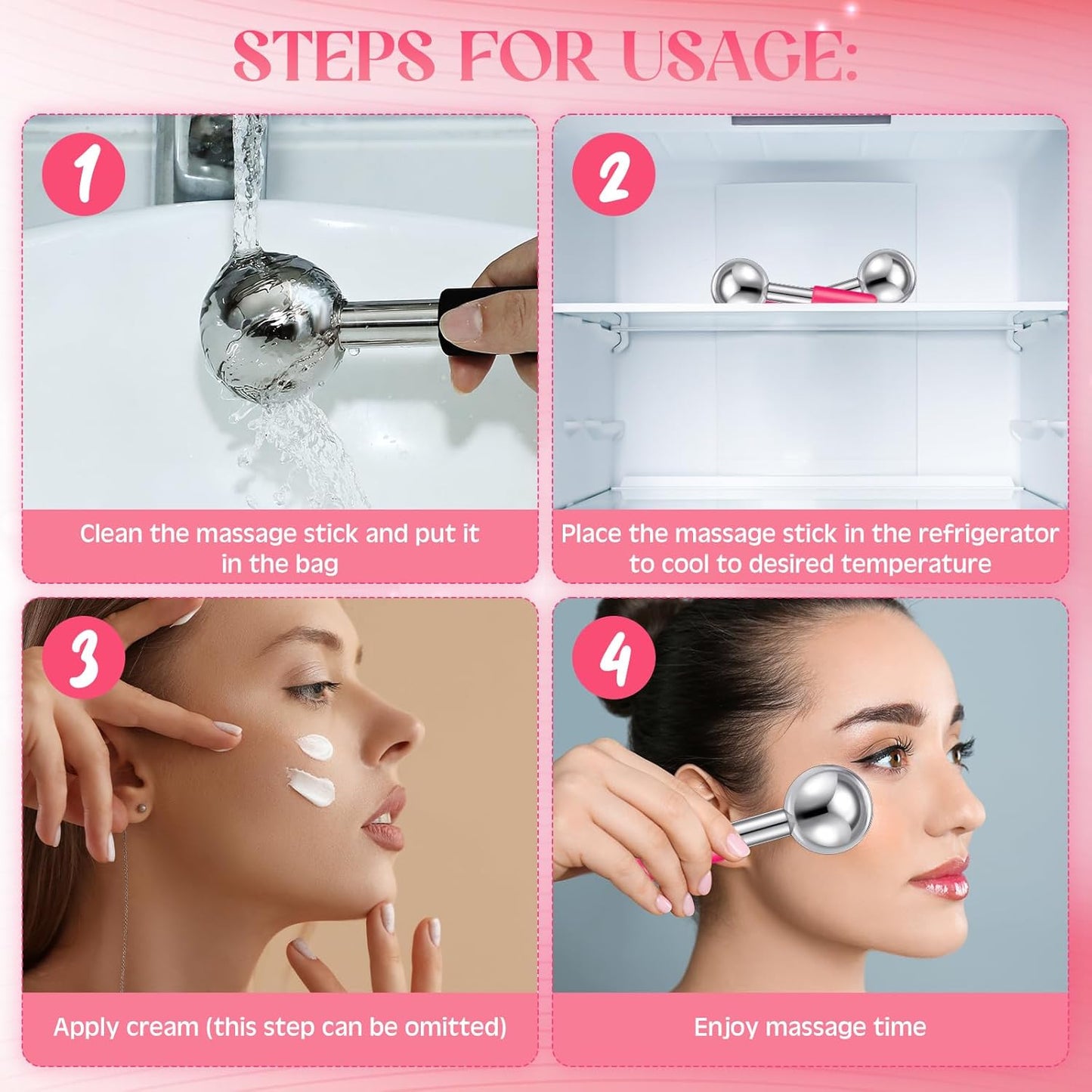 Baderke 2 Pcs Ice Globes for Face Stainless Steel Cooling Globes Unbreakable Cooling Roller Women Ice Balls Cryo Sticks Face Skin Care for Dark Circles, Puffiness(Silver (pink Handle))