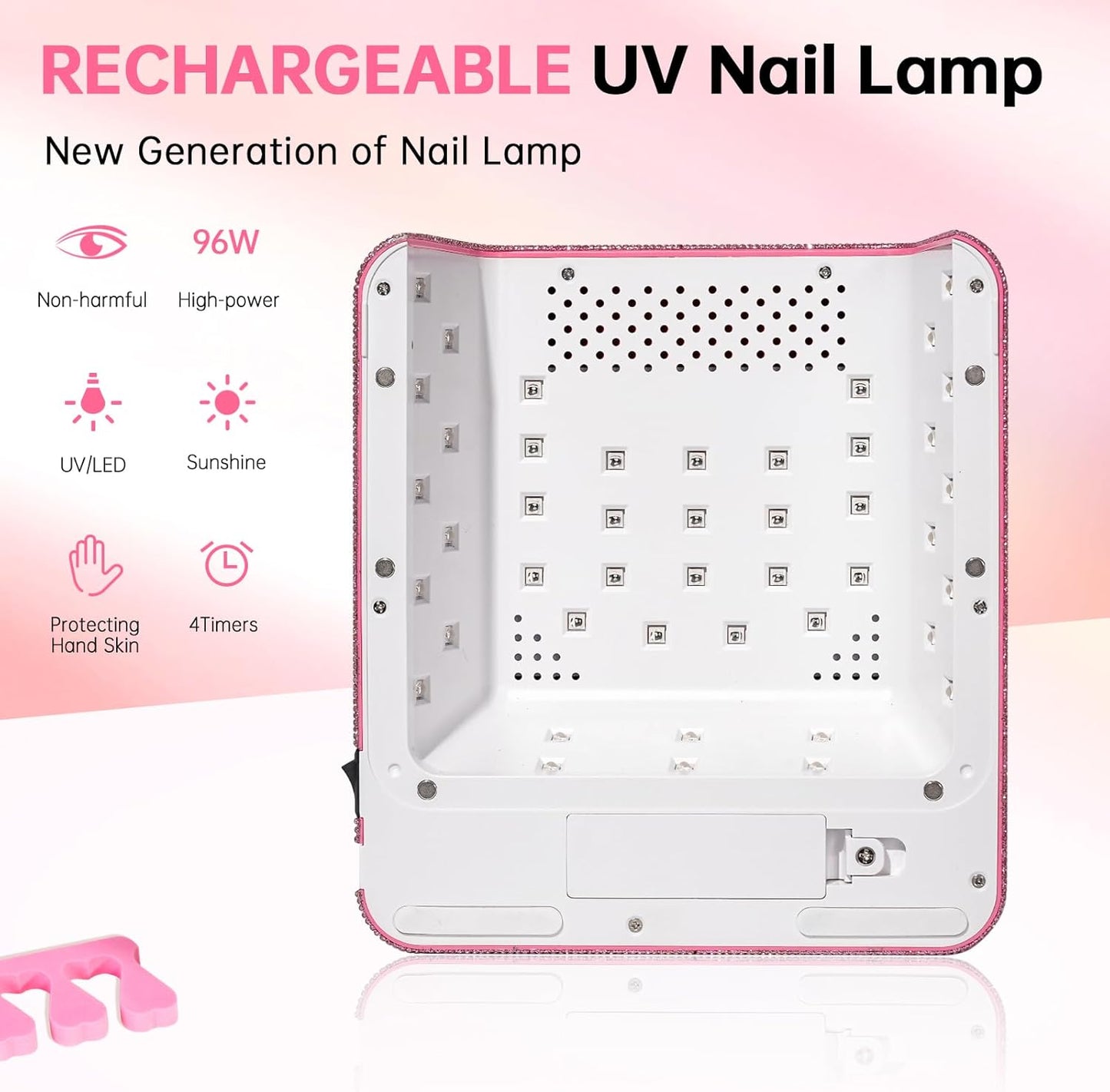 Cordless UV Nail Lamp for Gel Polish 96W,Rechargeable LED Nail Light Professional Nail Dryer with 4 Timer Setting,Touch Control & Auto Sensor,Fast Curing lamp for Salon & Home