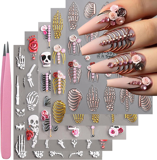 VOTACOS 5 Sheets Halloween Nail Art Stickers Decals 5D Nail Decals Gold White Bone Pattern Sticker Self-Adhesive Skull Nails Supplies Accessories 3for Women Halloween Nails DIY Decoration | alldaygood beauty