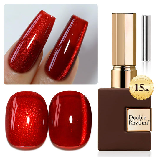 Double Rhythm 0.5 OZ Cat Eye Gel Polish with Magnet 15ML Holographic Glitter Shimmer Translucent Jelly Color Magnetic Nail Polish Salon DIY at Home (Blood Red-MC1046) | alldaygood beauty