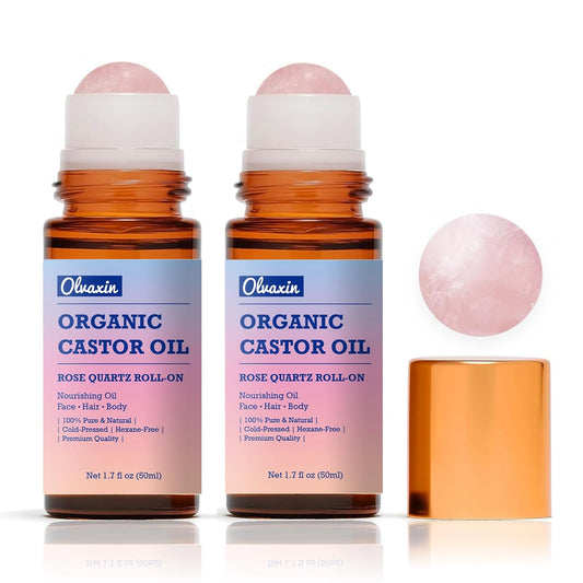 Organic Castor Oil Roll-On with Rose Quartz - 2 Pack x 50mL | Brown Glass Bottle, Cold Pressed, Hexane Free, Unrefined | Nourishing Oil for Face, Hair and Body | alldaygood beauty