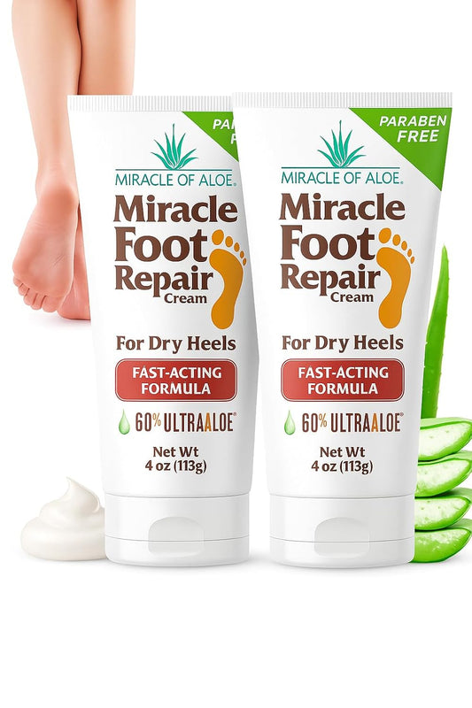 Miracle Foot Repair Cream, 4 oz Repairs Dry Cracked Heels and Feet, Diabetic-Safe, 60% Pure Ultra Aloe Moisturizes, Softens, and Repairs, Relief from Discomfort of Ingrown Toenails (2-Pack) | alldaygood beauty