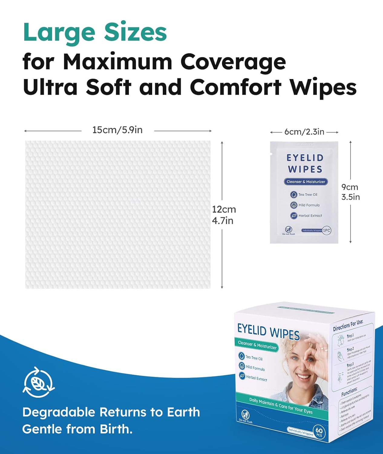 60-Count Eyelid Cleansing Wipes for Dry Eye & Blepharitis, tea tree oil Pre-Moistened Hypoallergenic EyeWipes for Sensitive Itchy Eyes, Individually Wrapped Eyelid Wipes Travel Essentials