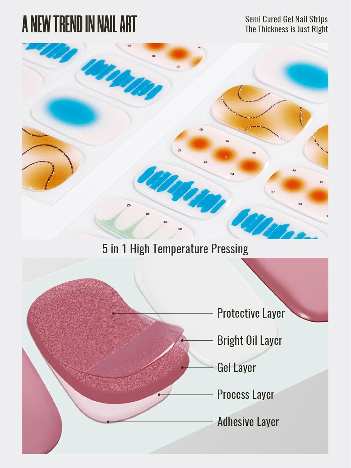 Semi Cured Gel Nail Strips, 30pcs Gel Nail Wraps, 2 Weeks Long Lasting