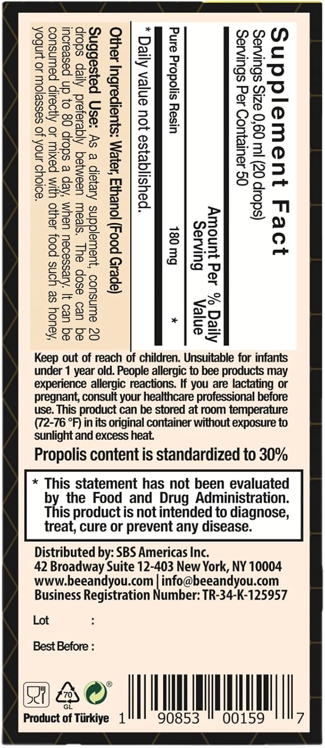 Bee and You Propolis Liquid Extract Drops, 30% Propolis, Ultra Pure, Immune Support Supplement, Sore Throat, Allergy Relief, Respiratory, Antioxidants, Keto, Paleo, Gluten-Free, 1 Fl Oz