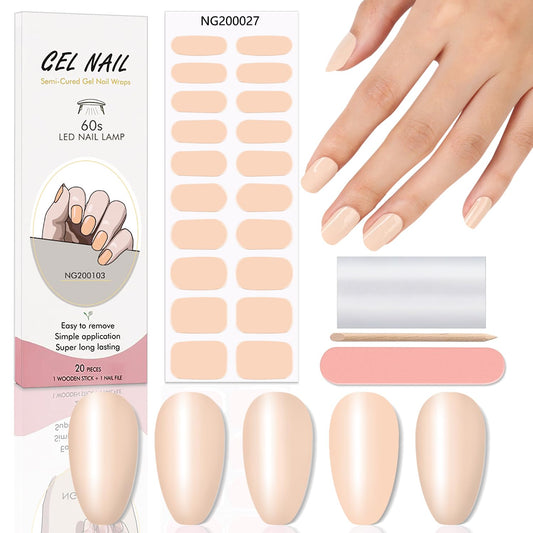 WOKOTO 20 Pcs Bisque Semi Cured Gel Nail Polish Strips With Nail File & Wooden Stick Holographic Gel Nail Strips UV Gel Nail Stickers Full Nail Wraps Stick On Nail Polish Stickers For Women