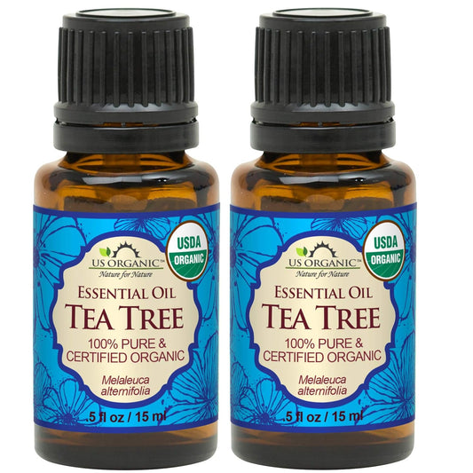 US Organic 100% Pure Tea Tree Essential Oil, Steam Distilled, USDA Certified Organic, for Hair, Skin, Scalp, Foot, Toenails, and More. Sourced from South Africa, Undiluted, Non-GMO (15 ml, 2 Pack) | alldaygood beauty
