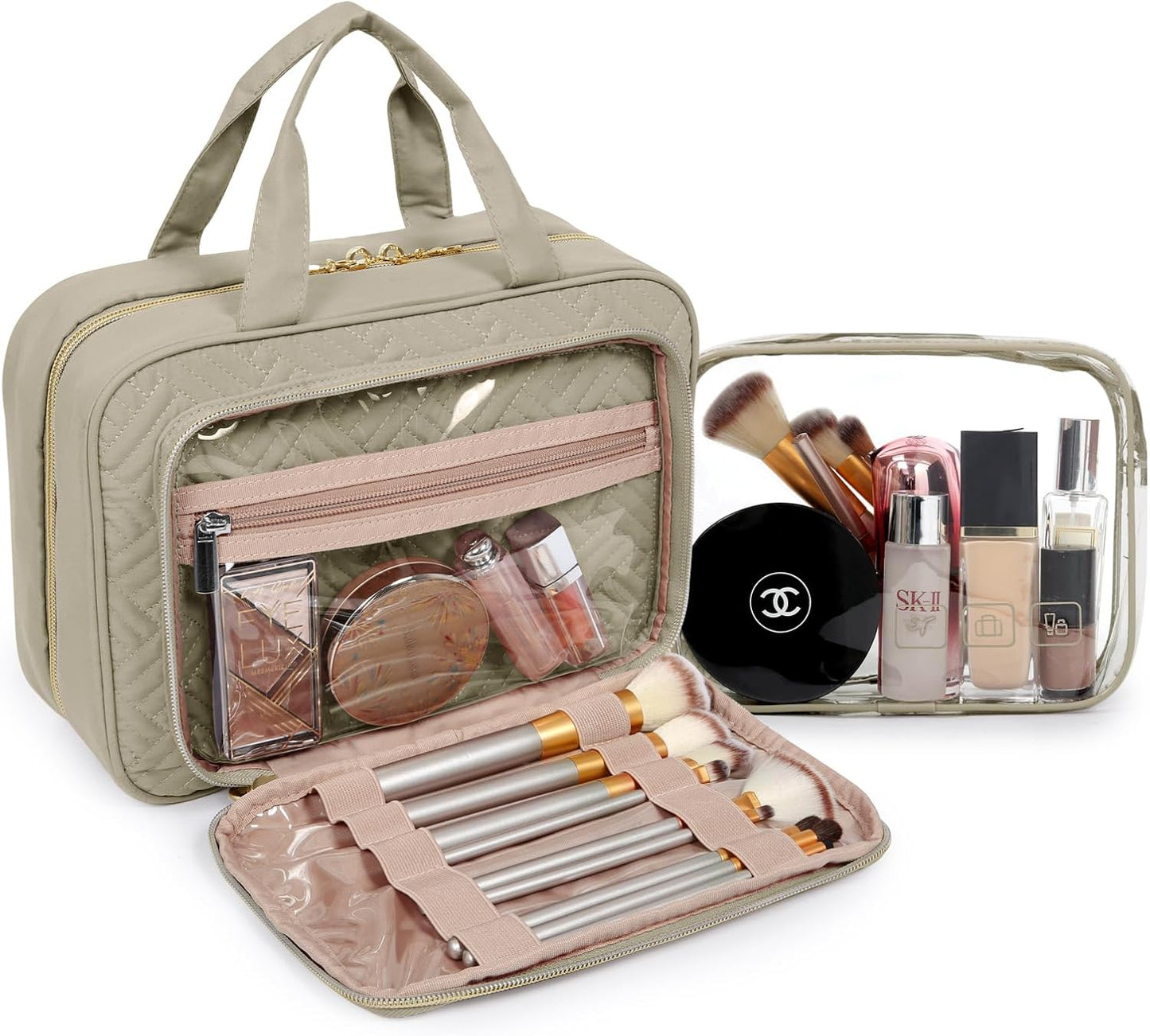 BAGSMART Toiletry Bag Hanging Travel Makeup Organizer with TSA Approved Transparent Cosmetic Bag Makeup Bag for Full Sized Toiletries, Large-Camel