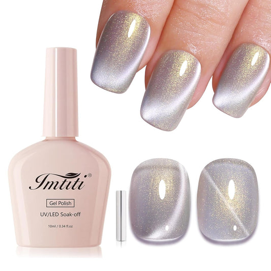 Imtiti Aurora Cat Eye Gel Polish, Pearl White Grey Holographic Glitter Magnetic UV Soak Off Gel Nail Polish (0.34 Fl Oz-997) | alldaygood beauty
