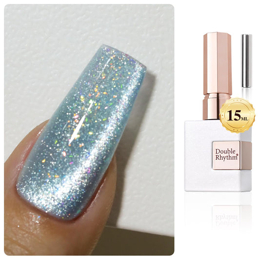 Double Rhythm 0.5 OZ Cat Eye Gel Polish with Magnet 15ML Holographic Glitter Shimmer Translucent Jelly Color Magnetic Gel Polish Salon DIY at Home (Rainbow Blue-MC1009) | alldaygood beauty