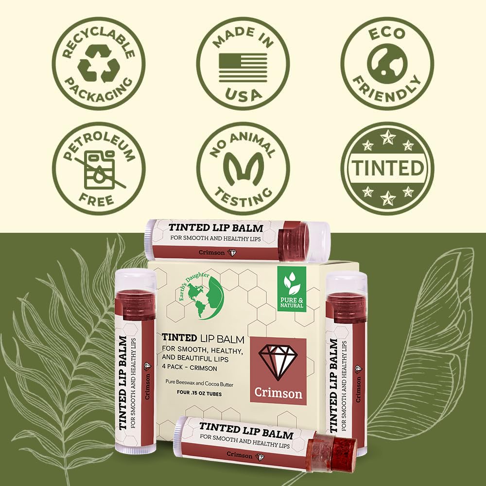 Earth's Daughter Tinted Lip Balm Crimson Color 4-pack, Beeswax, Coconut Oil, Cocoa Butter, Vitamin E, Moisturize and Beautify - Paraben Free
