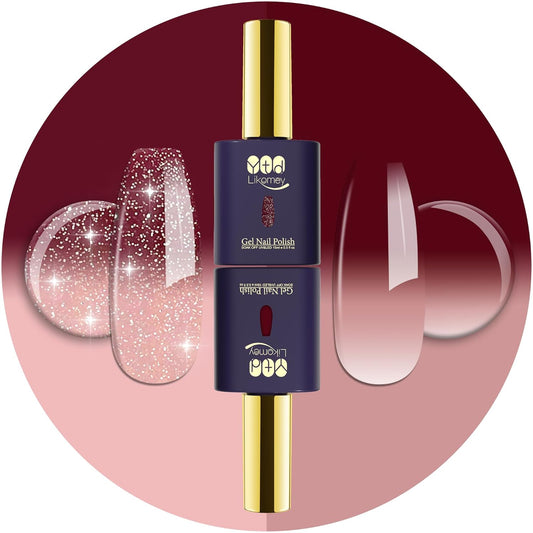 YTD Likomey Gel Nail Polish 2 Pcs Set,15ml Color Changing Nude Pink Burgundy Red and Glitter Nails Gel Kit,Thermal Ombre Change Colors Translucent Salon Manicure Fall Winter UV Color Varnish,0.5 Fl Oz | alldaygood beauty