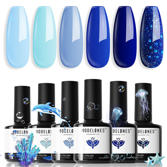 modelones Blue Gel Nail Polish Set 6 Colors, Royal Navy Sky Icy Klein Blue Glitter Gel Polish Kit Light to Dark Shades Soak Off All Seaones Nail Art Gel Salon DIY Manicure Gift for Women Girl | alldaygood beauty