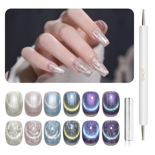 GAOY Pearl Glitter Cat Eye Gel Nail Polish Set, 6 Colors Shimmer Mermaid White Blue Iridescent Soak Off UV Light Cure Gel Polish Kit for Salon and Nail Art DIY at Home | alldaygood beauty
