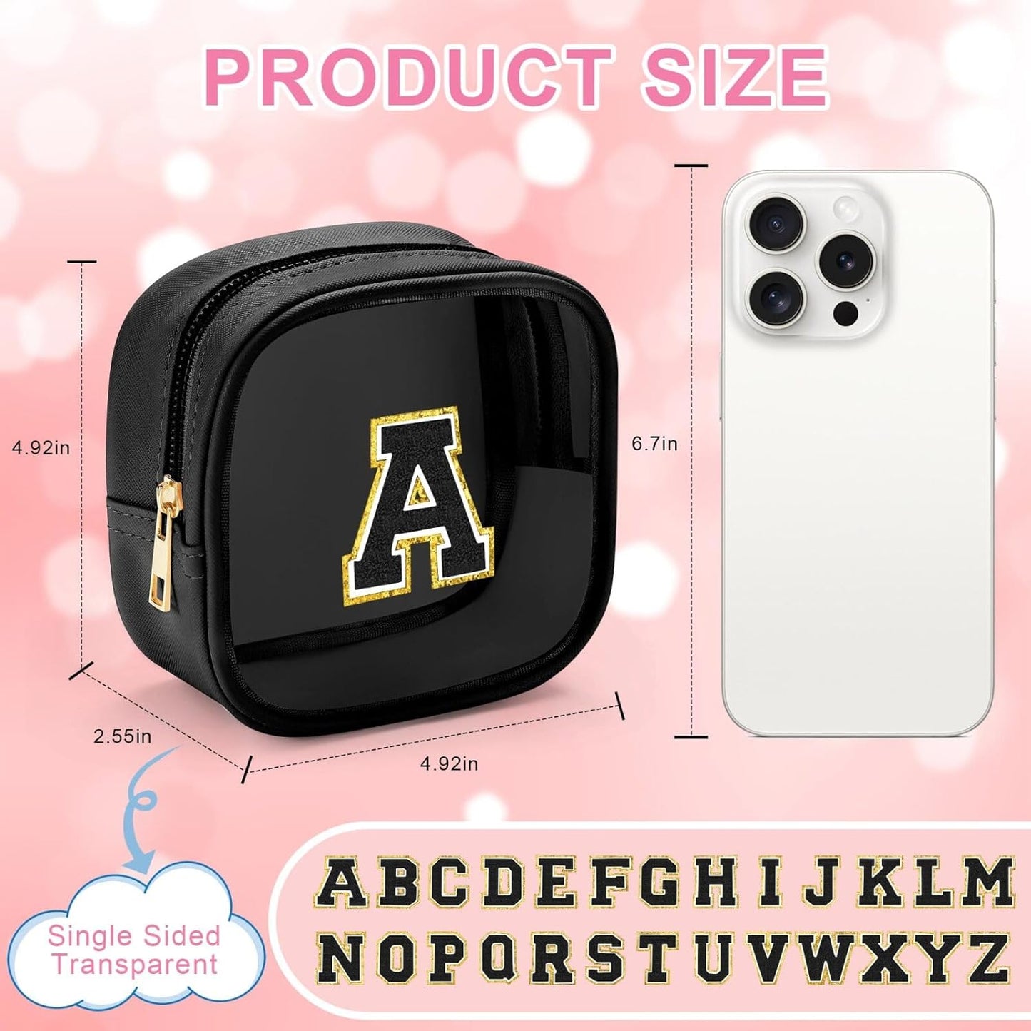 YOOLIFE Mini Clear Makeup Bag Initial Make Up Bag Waterproof Travel Toiletry Bag, Clear Makeup Bag Travel Essentials Gifts for Women Teen Girlfriend Teacher Mom Cute Pouch for Medications Black K