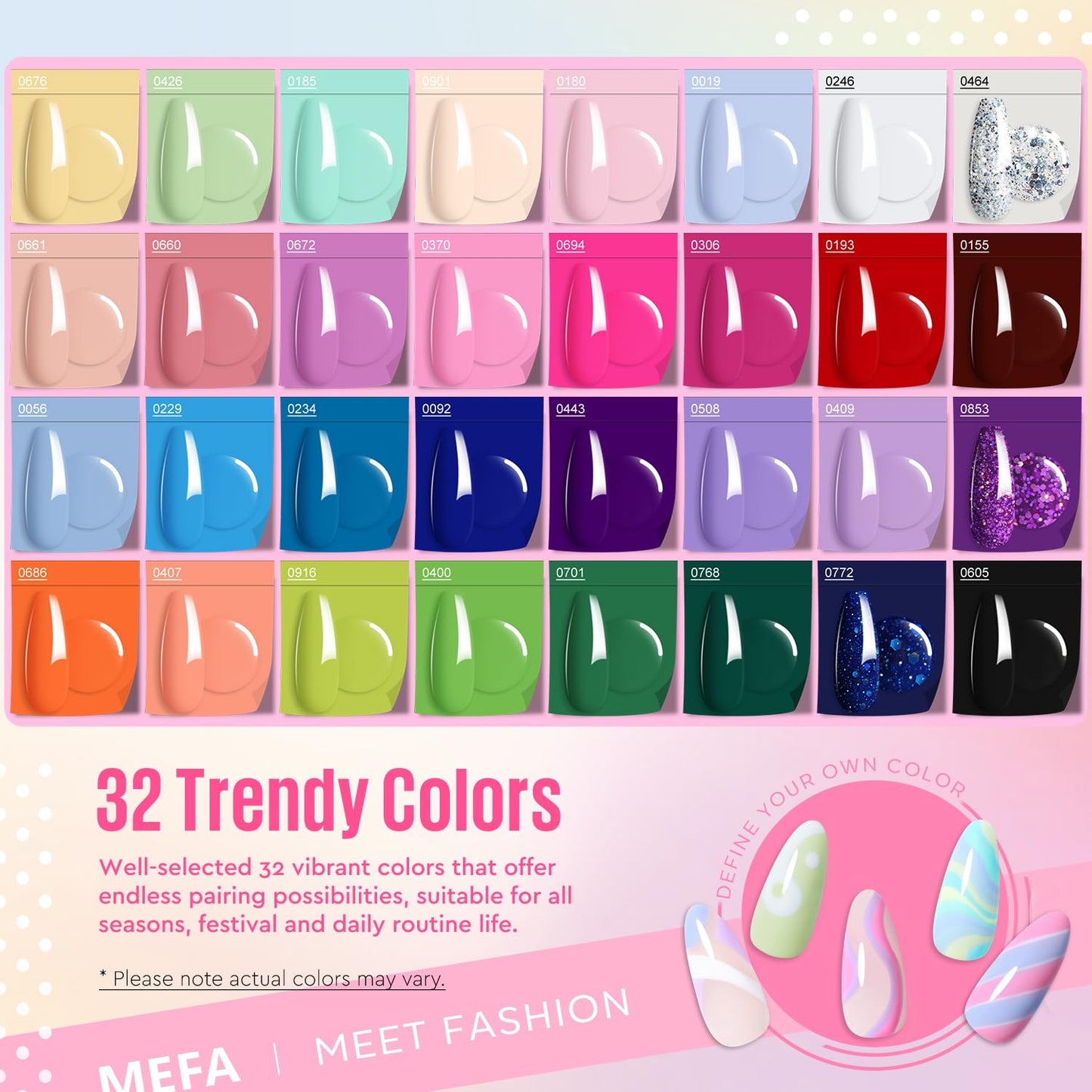MEFA 32 Colors Gel Nail Polish Kit with U V Light, Spring Bright Pastel 60Pcs Pink Gel Polish Nail Set with Matte/Glossy Base Top Coat Essential Manicure Tools Nails Art Decorations Women Gifts