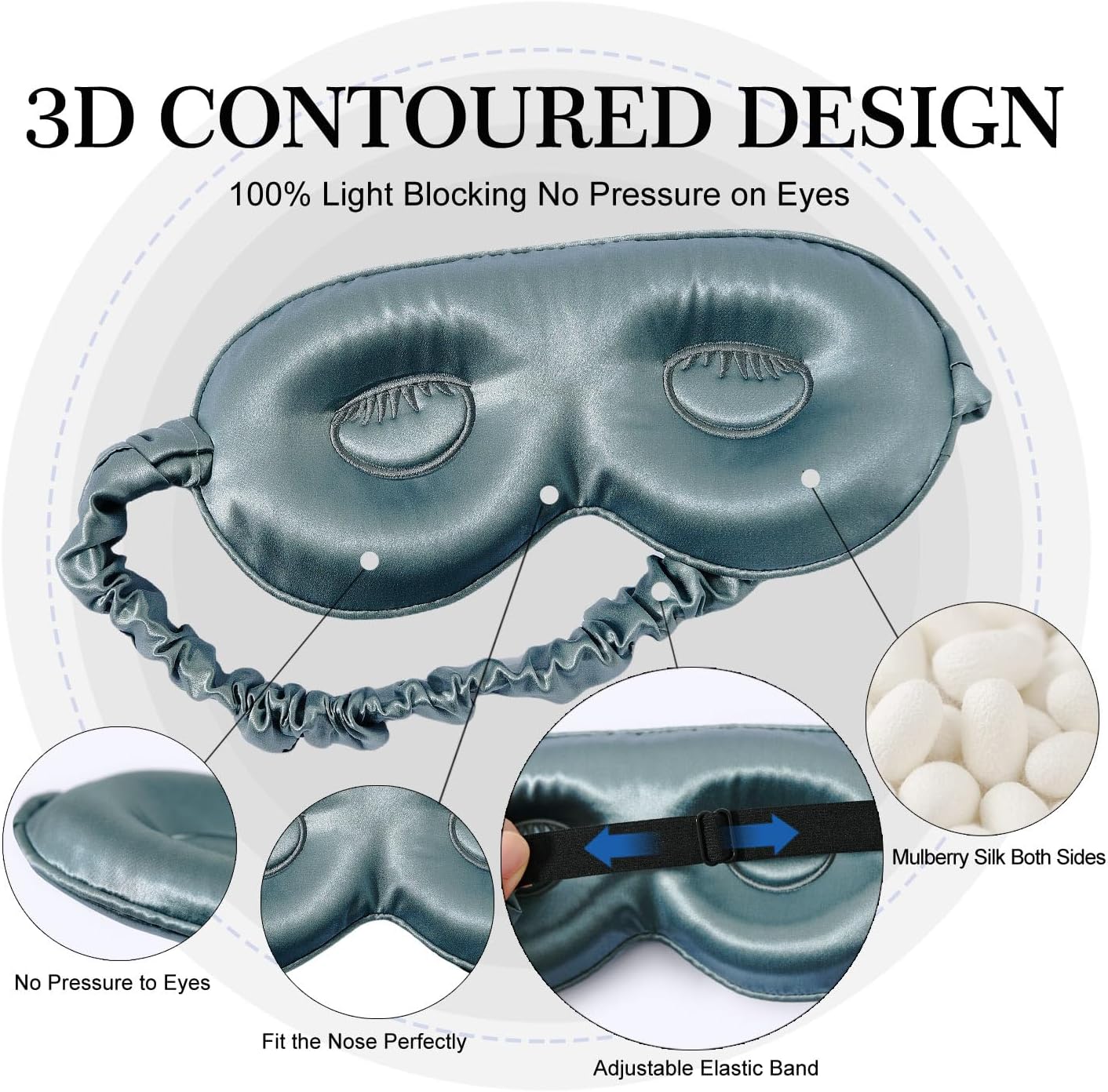 ZIMASILK Adjustable 22 Momme 100% Mulberry Silk Sleep Mask, 3D Contoured Cup Eye Mask for Sleeping, Super Soft Breathable Blindfold, Perfect Blocks Light for Sleeping. (Bluestone)