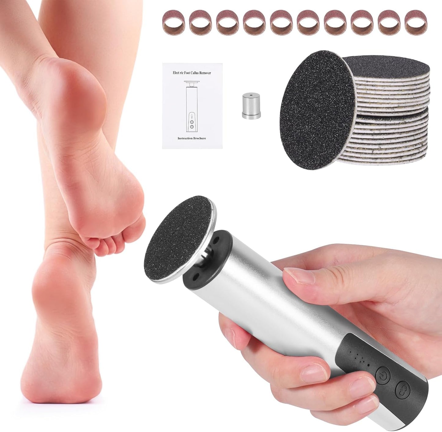 Upgraded Wireless Electric Callus Remover for Feet, 6-Speed 2-in-1 Rechargeable Foot File Callus Remover with USB Charging & 3 Types of Sandpaper, Dead Skin Remover for Dry Cracked Heels (Silver)