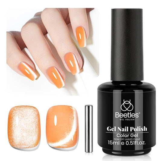 Beetles Orange Cat Eye Gel Polish, 15ML Orange Cat Eye Glitter Gel Polish with Magnet Soak Off UV Shimmer Velvet Gel Twilight Glow Series French Nail Art Design Manicure Gifts for Women | alldaygood beauty