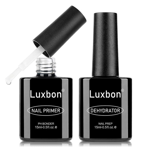Luxbon 2 Pcs 15ml Nail Primer & Nail Dehydrator Set - Long Lasting, Shine Finish, UV LED Nail Lamp Soak Off Gel Nail Prep Set Manicure