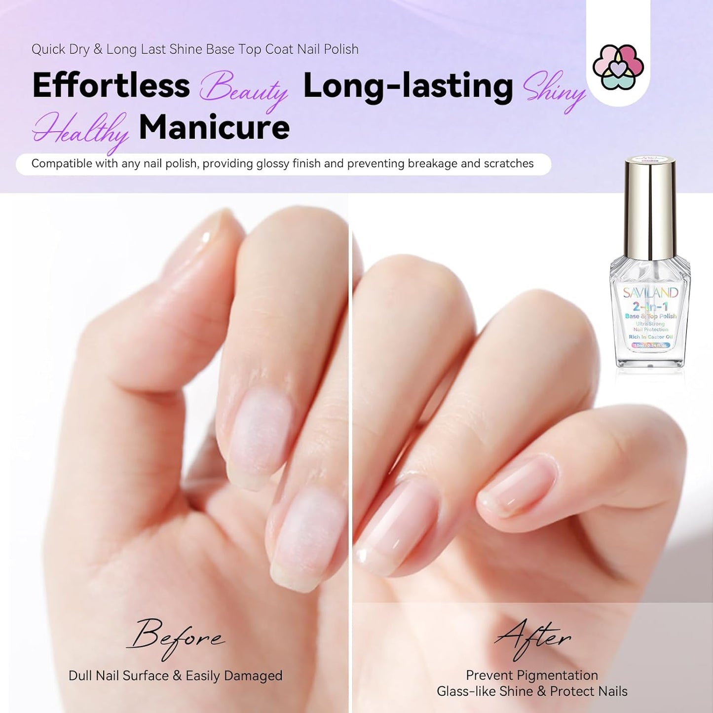 SAVILAND Clear Nail Polish Base Top Coat: 2 in 1 Quick Dry Nail Polish Long Lasting Fingernail Toe Polish Color Protection Resists Smudging, Chipping and Fading Shine Finish Polish Salon Home Nail Art