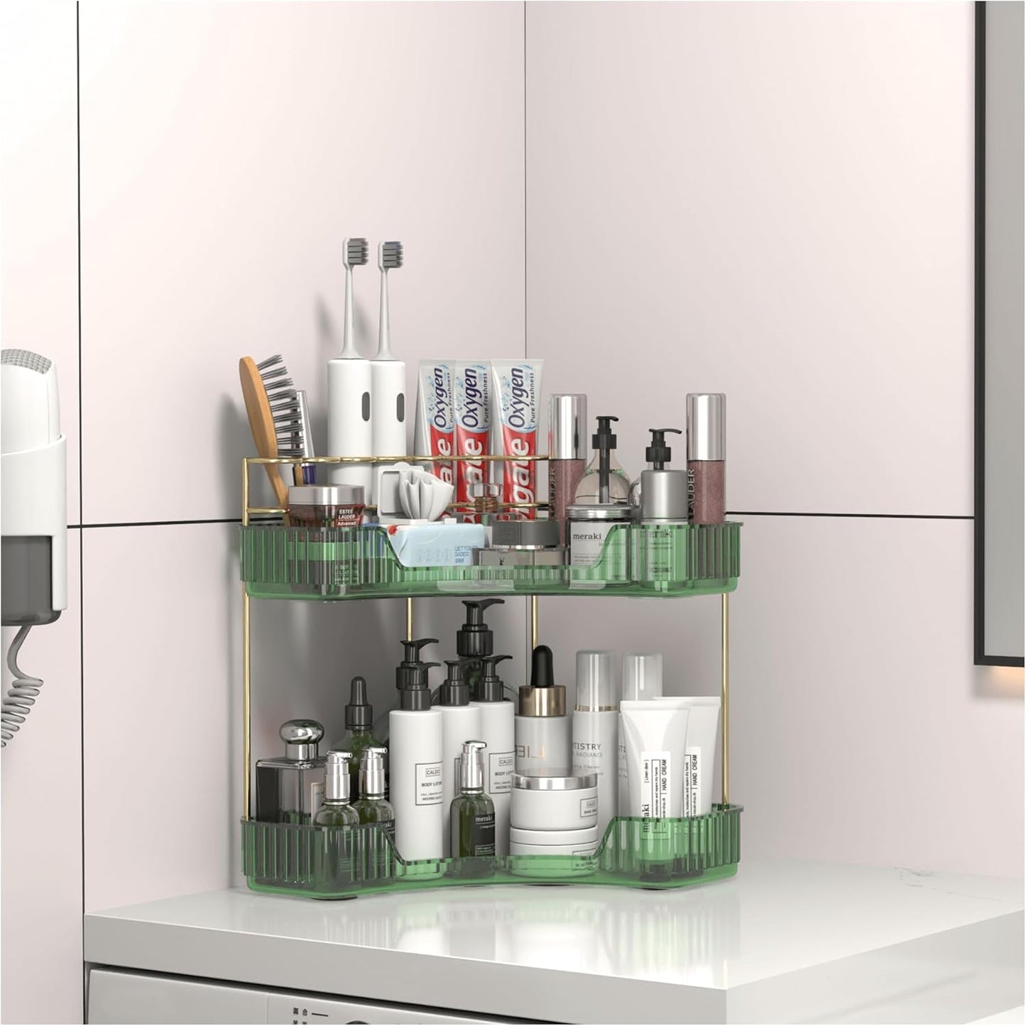 2 Tier Corner Bathroom Organizer Countertop, Vanity Makeup Organizer with Brush Holder, Space-Saving Skincare Storage Corner Shelf for Bathroom, Dressing Table, Kitchen