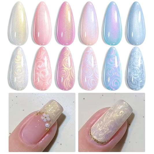 Born Pretty Pearl Gel Nail Polish Aurora Iridescent Glitter Shimmer Pearl Effect White Pink Purple Blue Mermaid Drawing Gel Nail Polish Shell Swirl Thread Effect Nail Gel Soak Off Led DIY Gift 6PCS | alldaygood beauty