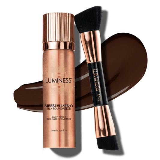 LUMINESS Silk Airbrush Spray Foundation & Buffing Brush Kit – Full Coverage Foundation & Dual-Sided Buffing Brush - Buildable Coverage, Anti-Aging Formula Hydrates & Moisturizes (Shade - Rich Dark) | alldaygood beauty