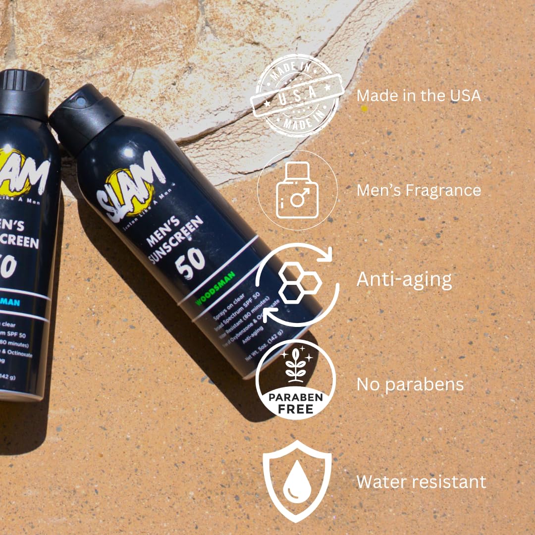 SLAM WoodsMan Men's Scented Sunscreen Spray SPF 50 – Broad Spectrum Sun Screen for Face & Body, Waterproof & Sweat Resistant Spray Sunscreen SPF 50, UVA/UVB Protection, Mens Sunblock