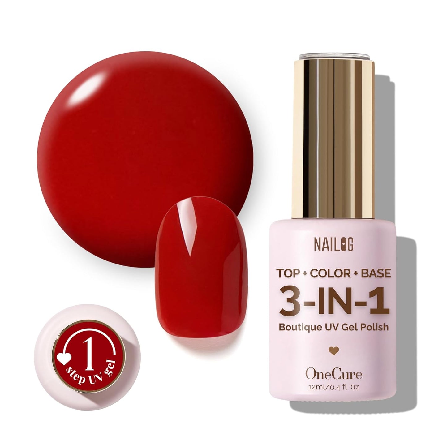 NAILOG One Step Red Gel Nail Polish 12ml Top Coat Color Gel Base 3-In-1 Formula Soak Off UV Gel Polish for Home DIY & Gifting | Ruby Red