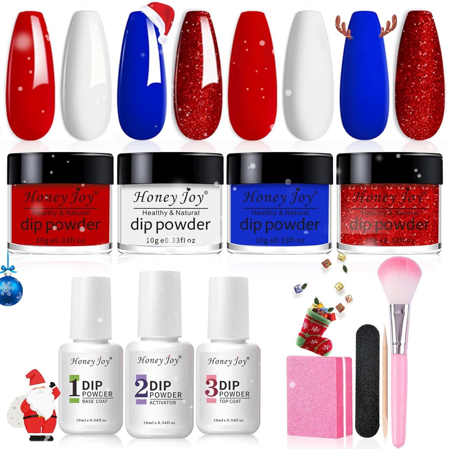 Honey Joy Dip Powder Nail Kit Starter,4 Colors Red White and Blue Nails Fourth of July Firework Dipping Powder Liquid Set with Base Top Coat for Nail Art Manicure Salon DIY, Dip-7pcs-12