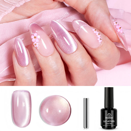 Beetles Cat Eye Gel Nail Polish, 15ML Pink Cat Eye Glitter Gel Nail Polish Holographic Pink Cat Eye Magnetic Reflective Translucent Gel Polish Nail Art DIY at Home | alldaygood beauty