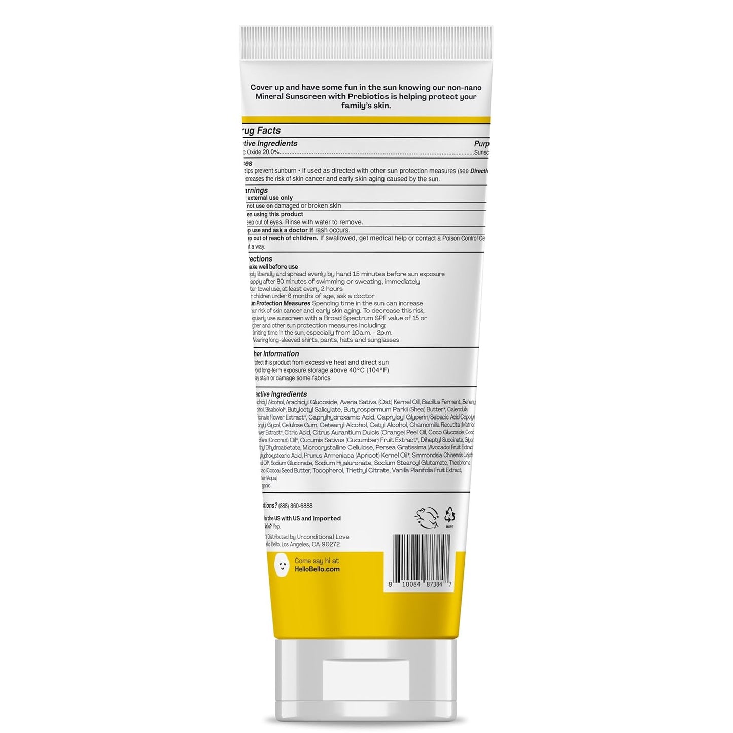 Hello Bello Mineral SPF 55 Sunscreen Lotion with Prebiotics, Water Resistant and Reef Friendly Sun Protection for Babies and Kids, 3 fl oz (Pack of 1)